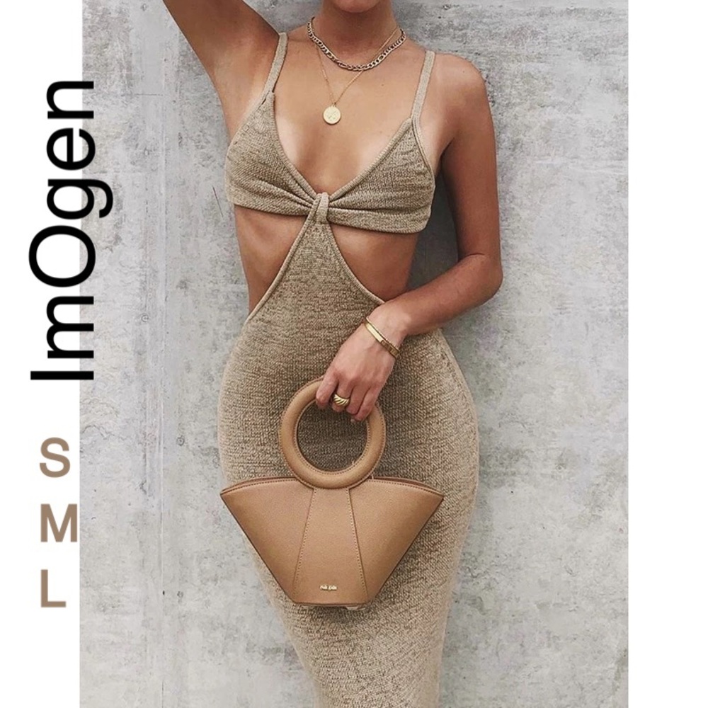 NWT cut out dress SML khaki sand maxi mermaid dress hollow sides bunny tie front